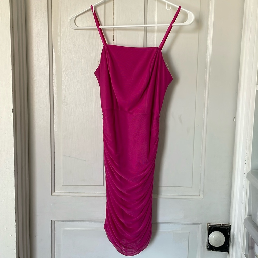 NWOT Pink crystal sky small bodycon mini dress ruched sides
